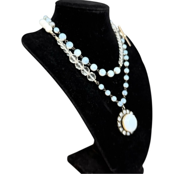 Faceted Opalite & Crystal Boho Bead Necklace with Pendant 18” Toggle Clasp - Picture 3 of 8